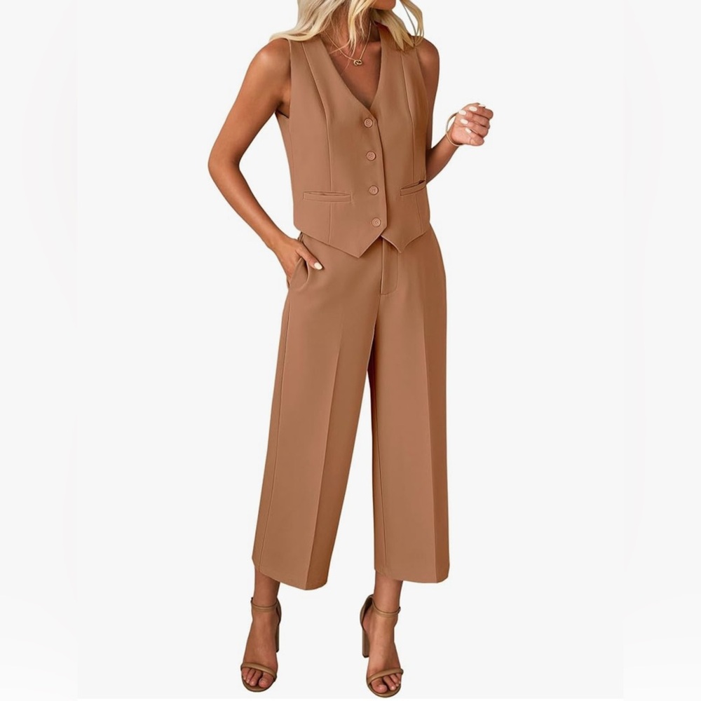Two-Piece Suit Set – Cropped Vest and Wide-Leg Pants in Camel – Size Medium